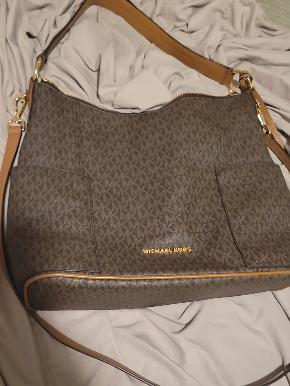Michael Kors Brown MK Logo Shoulder Hobo with Tan Trim